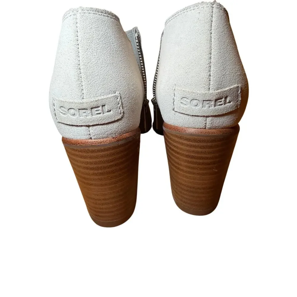 Sorel Gray Suede Peep‎ Toe Ankle Booties Block Heel Side Zip Women’s Size 9